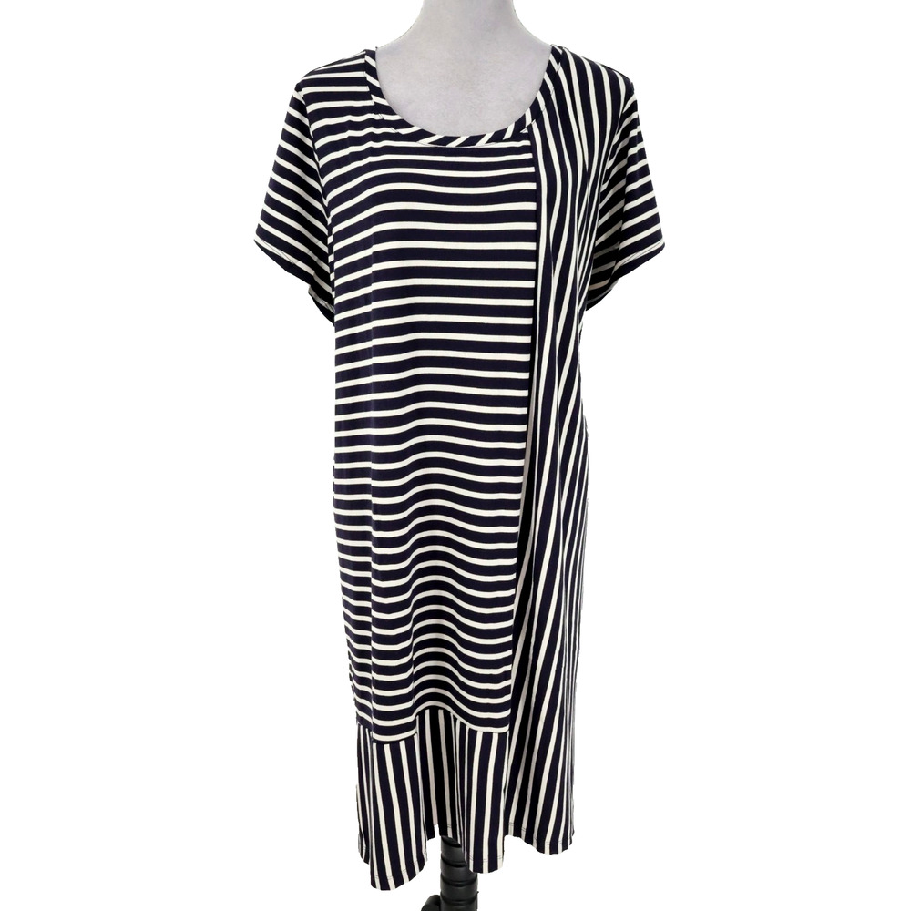 Lori Goldstein Logo Dress Plus Size 3X Navy Blue Ivory Stripe Stretch Knit Midi